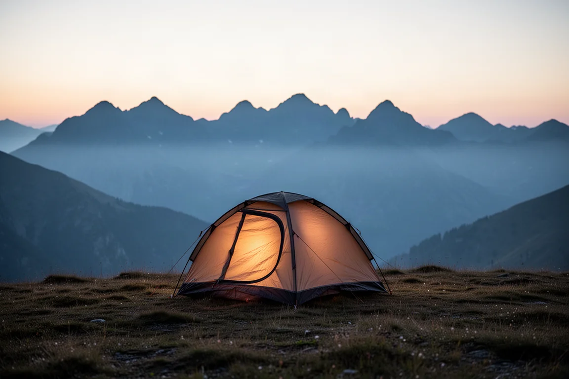 Petite tente dôme luisant sur une crête alpine au crépuscule, avec des silhouettes de montagnes en arrière-plan