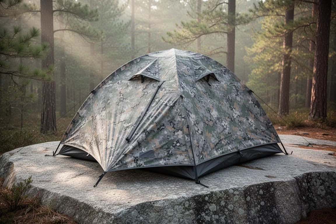 Hill Zero Gear Scout camo one-person dome tent pitched on granite in a pine forest clearing