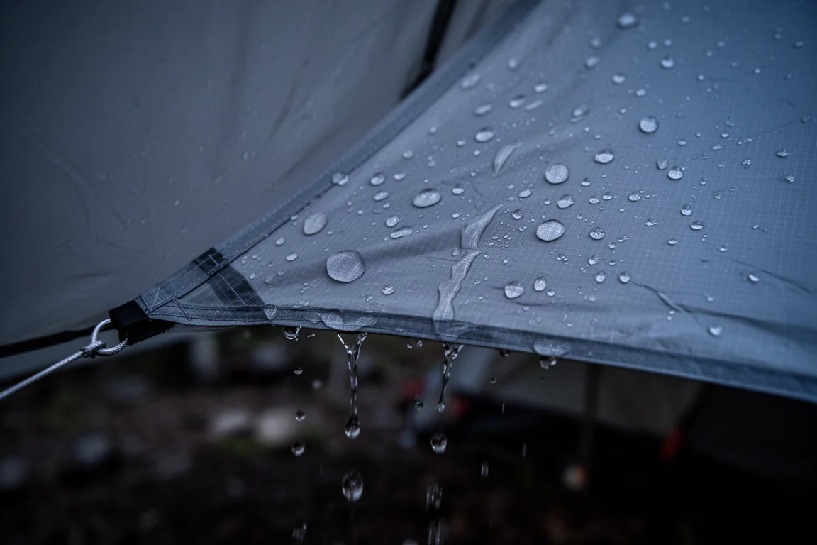 夜間に張られたリップストップテント生地の上で雨粒が弾き、流れ落ちる様子