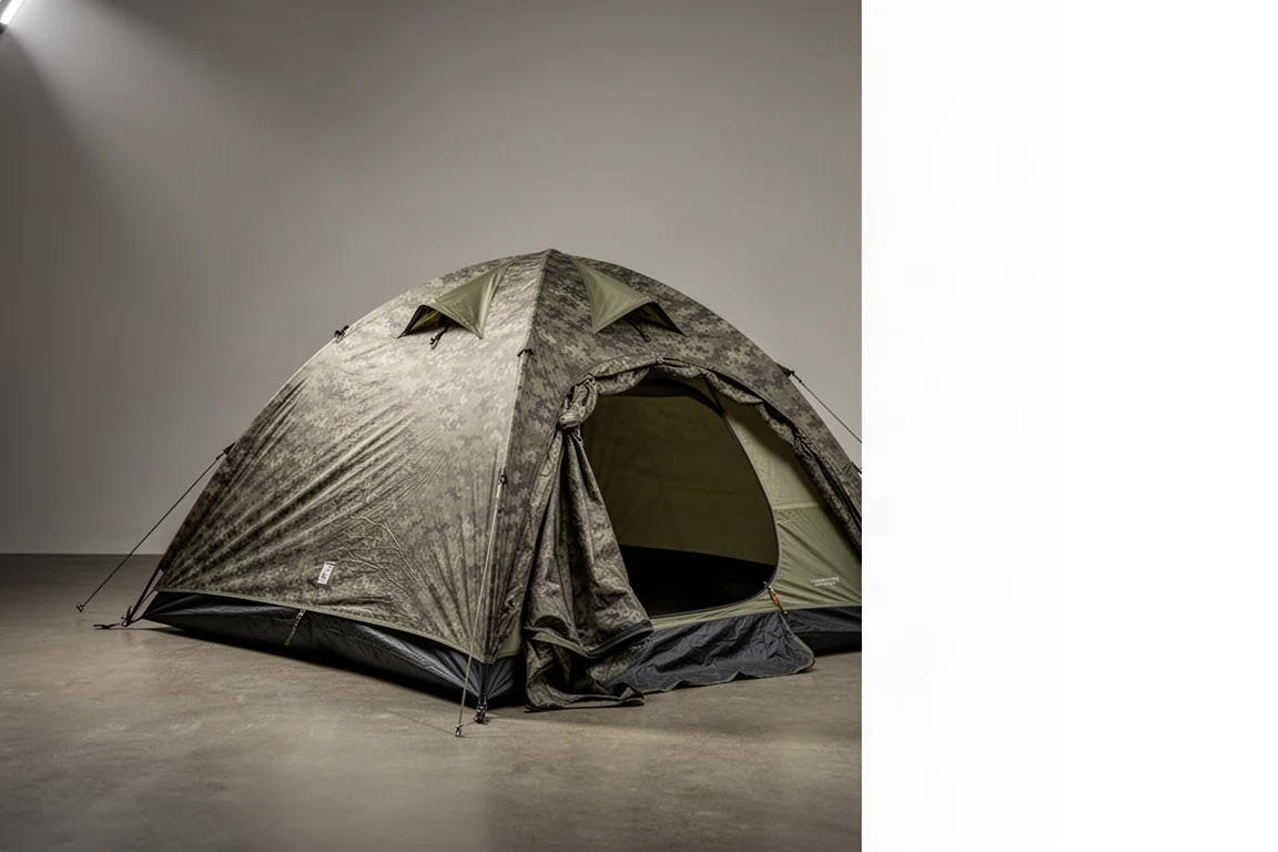 Camouflage one-person freestanding dome backpacking tent pitched on a neutral studio backdrop