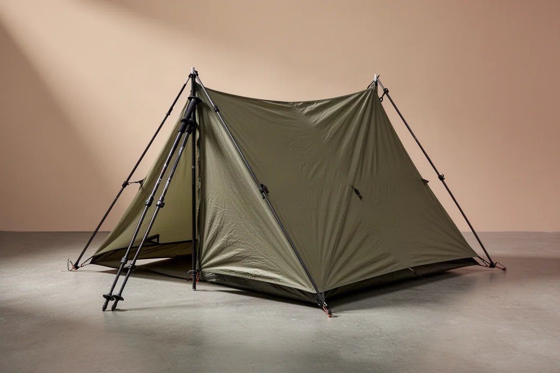 Lightweight trekking pole tent pitched on a granite campsite at golden hour