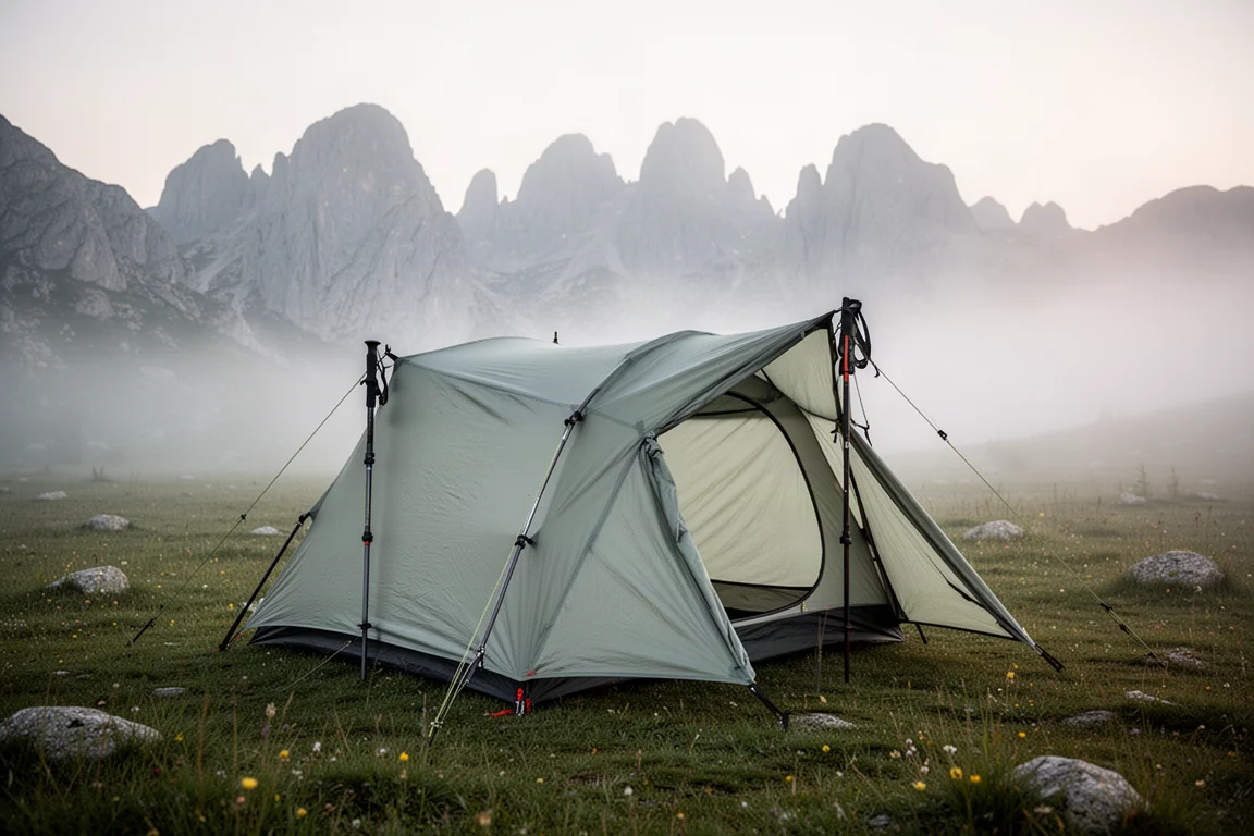 Single-wall trekking pole tent pitched in a misty alpine meadow at dawn