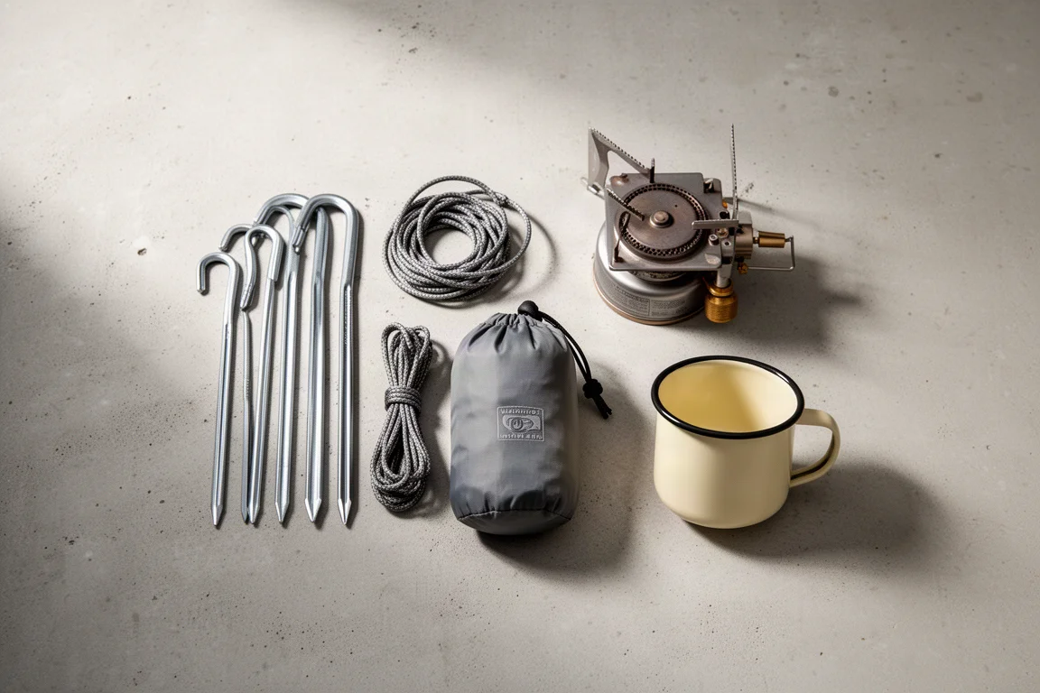Overhead flat-lay of tent pegs, guyline, stuff sack, stove and mug on concrete