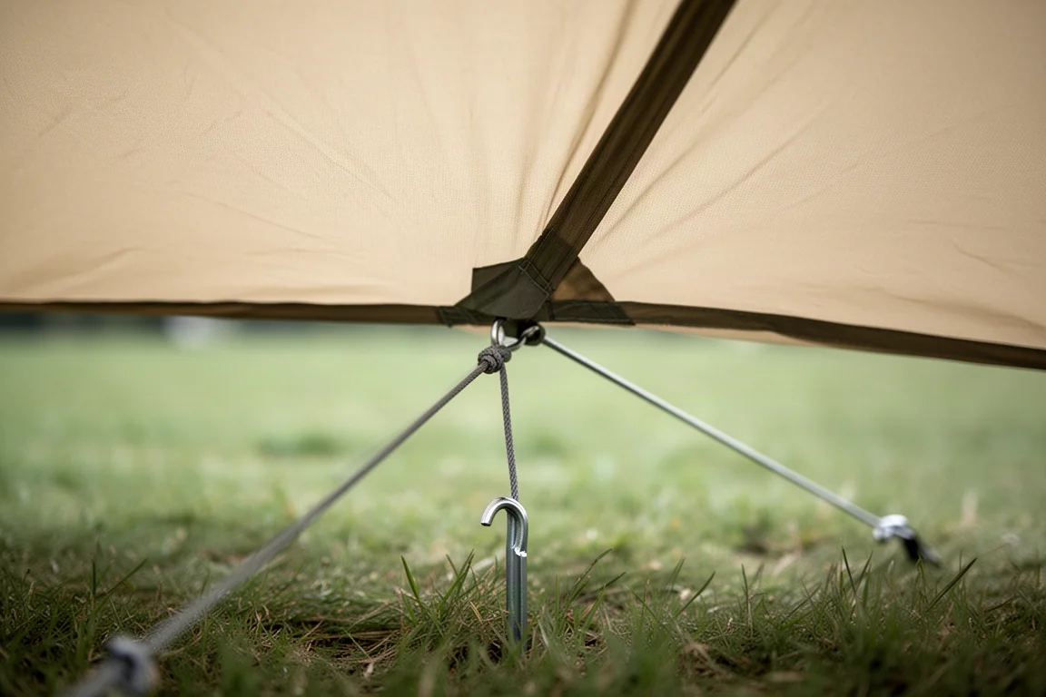 Close-up of a taut tent guyline anchored to a metal peg in short grass