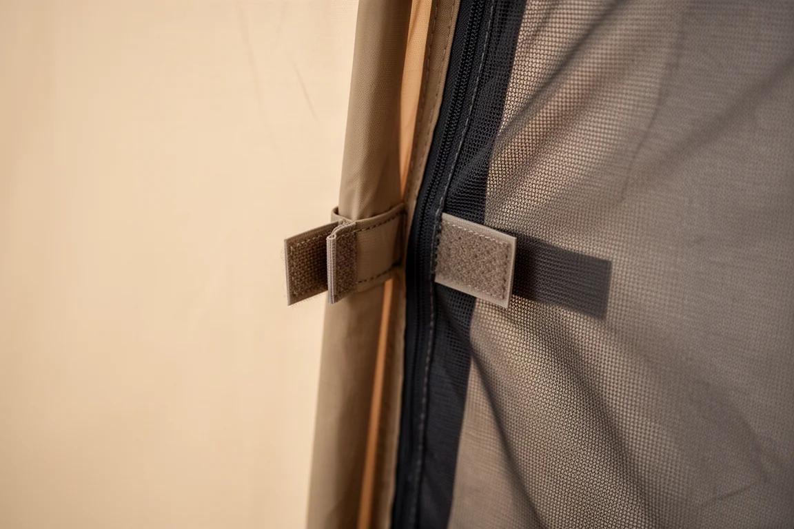 Close-up of velcro tabs fastening a tent inner panel to a pole sleeve