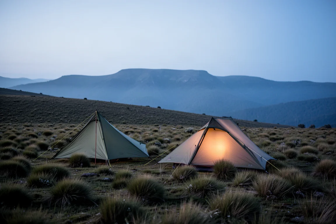 Low-profile tent pitched on a hillside campsite at dusk with warm interior light