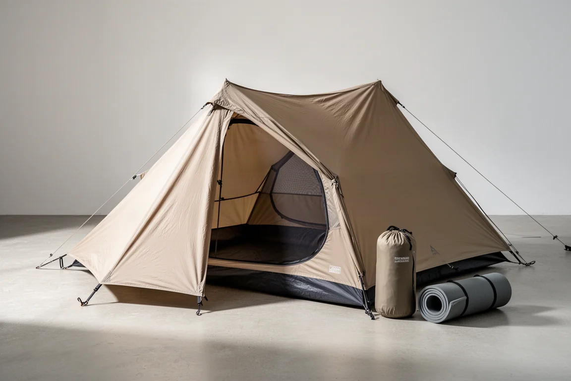 Lightweight sand-coloured three-season backpacking tent pitched indoors on concrete