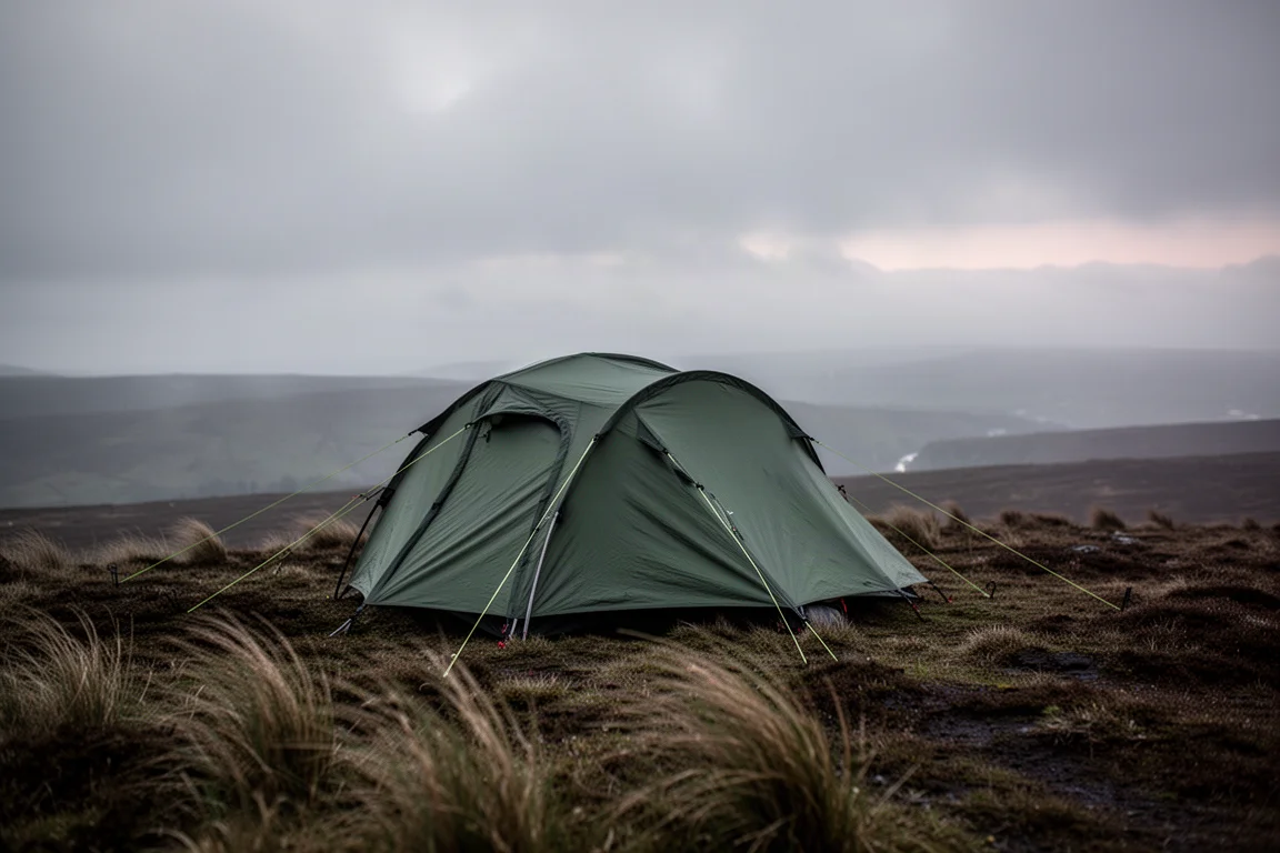 Tente de bivouac à profil bas montée sur une crête de lande exposée au crépuscule avec de l'herbe courbée par le vent