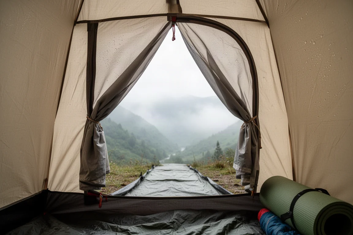 Vue depuis l'intérieur d'une tente à travers une porte ouverte sur un long vestibule et une vallée brumeuse
