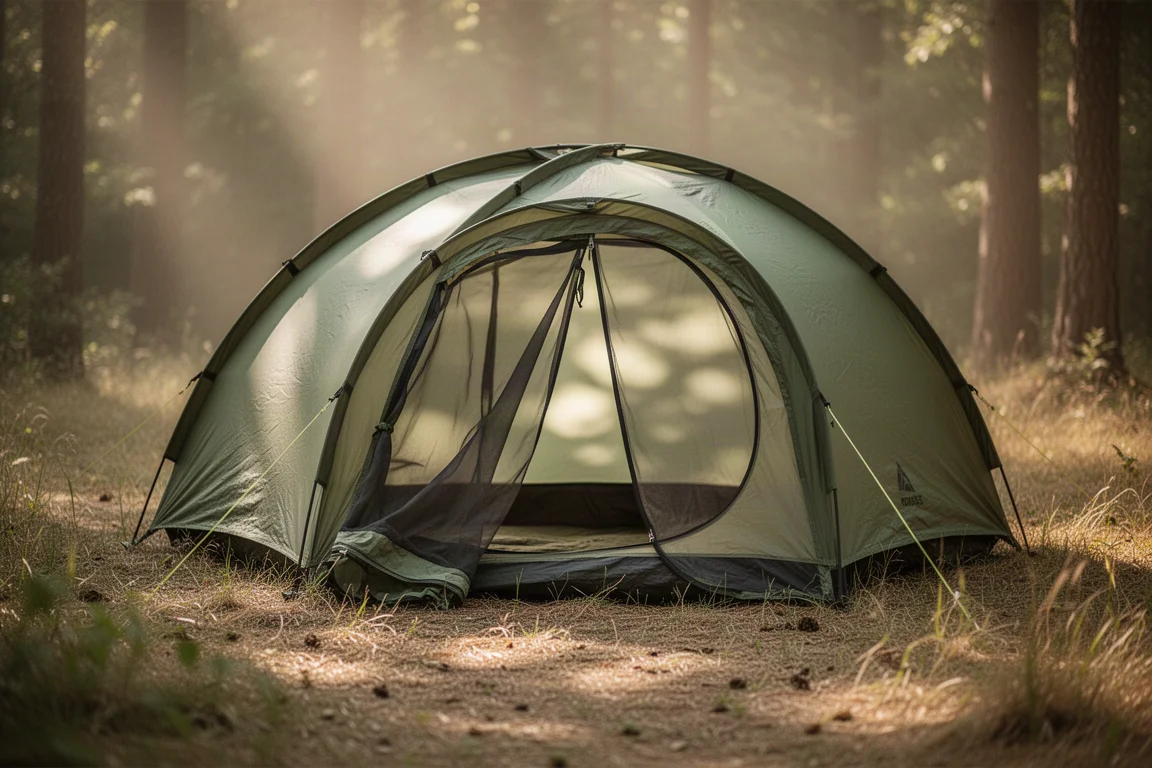Equipamentos de camping dispostos sobre madeira, incluindo estacas, cordelete e sacos de transporte