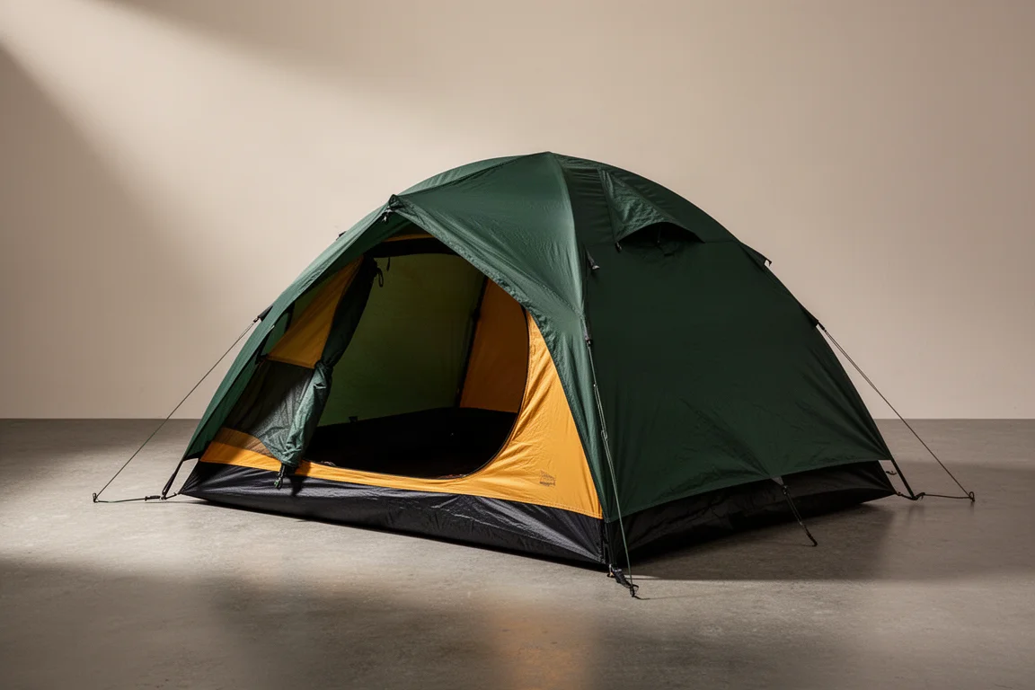 Dark green four-season tunnel tent with warm yellow inner on a neutral backdrop