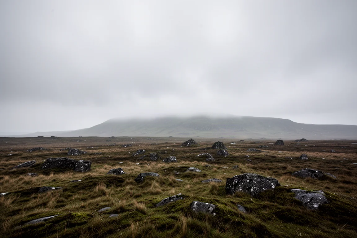 Blootgesteld hoogveenplateau onder zware grijze bewolking met door wind gebogen gras en een verre bergkam