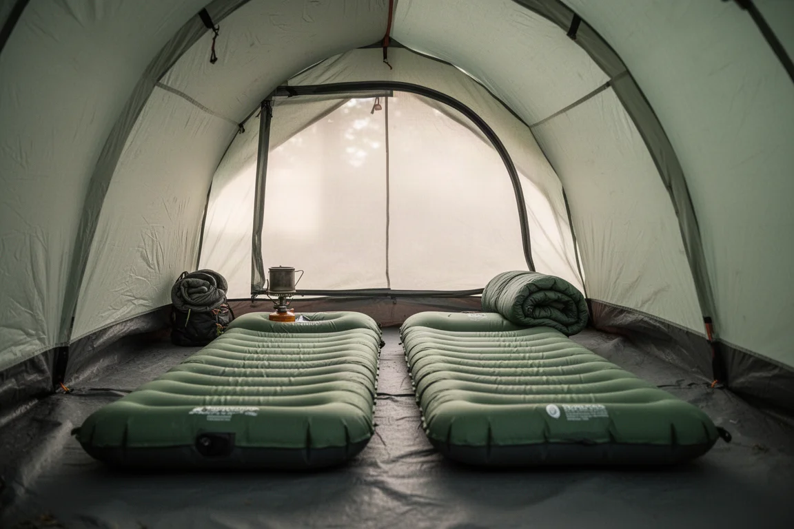 Interieur van een driepersoons tent met twee brede slaapmatten en ochtendlicht door de stof