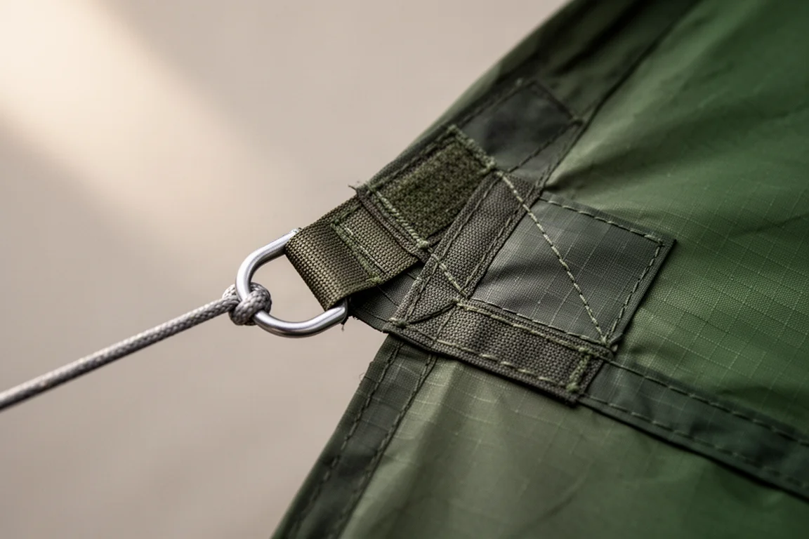 Close-up van een versterkte stokhuls en metalen tentharingring op donkergroene tentstof
