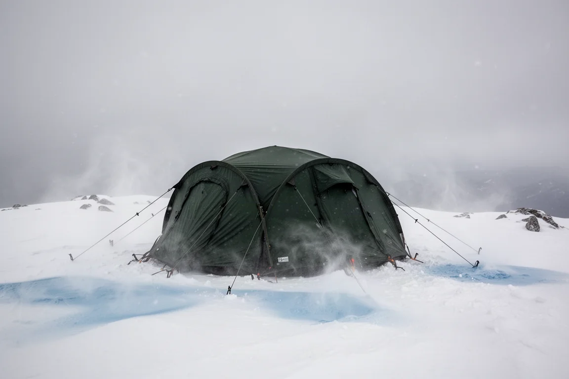 Tunneltent opgezet op een met sneeuw bedekt top plateau met stuifsneeuw die eroverheen waait