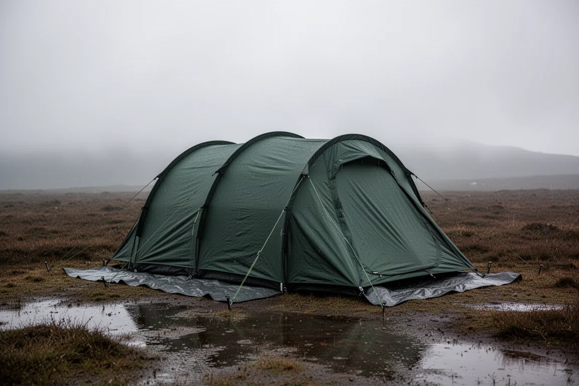 Dark green three-person tunnel tent pitched on a wet moorland plateau under grey cloud