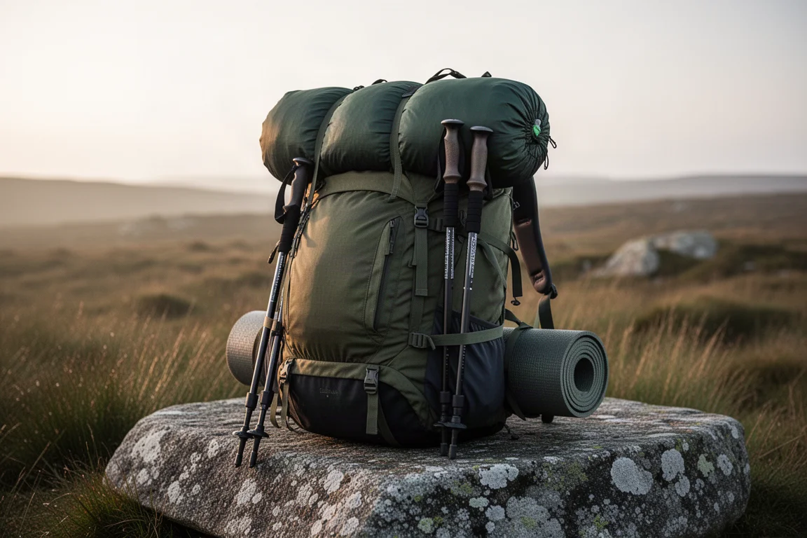 Bepackter Wanderrucksack mit einem zusammengepackten Zelt obenauf auf einem Felsen