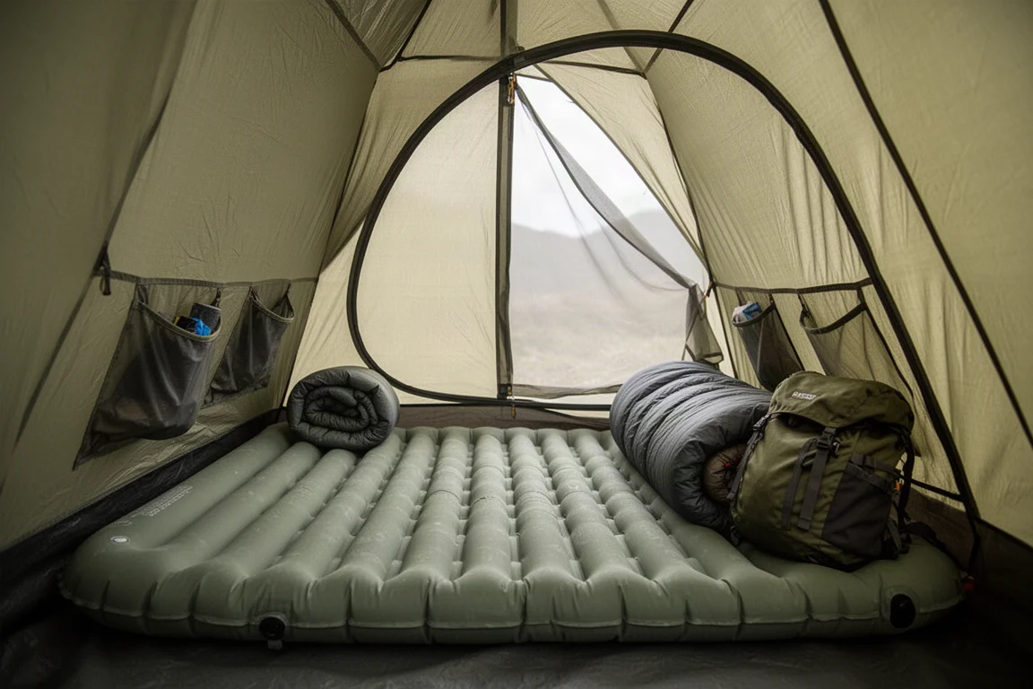 Interieur van een kleine backpacktent met slaapmat, rugzak en open mesh deur