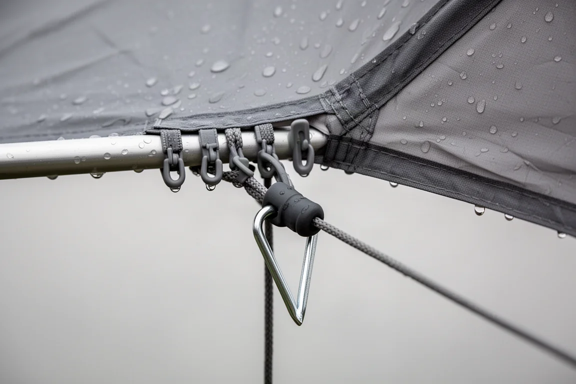 Nahaufnahme von Schneeregen und Wassertropfen auf einem straff gespannten Zelt-Überdach, das auf frischen Schnee trifft