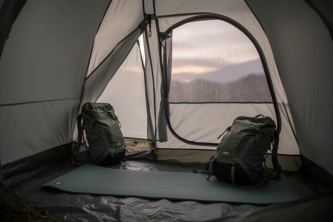 Innenraum eines kleinen Zeltes bei Nacht mit Isomatte, Schlafsack und hängender Stirnlampe