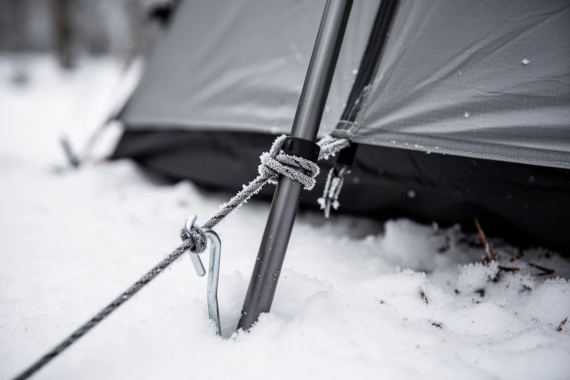 Stormlina lindad runt en tältstång och förankrad i en snöpinn