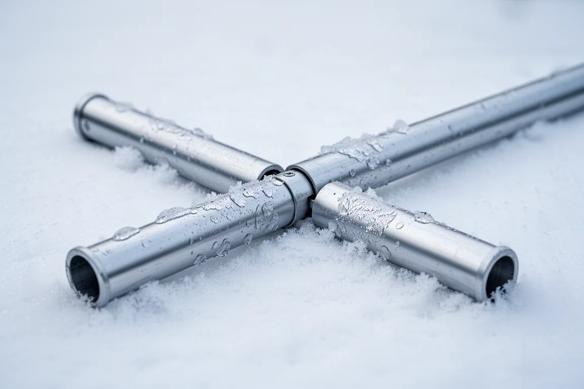 Frostbelagda aluminiumstänger till tält liggande på snö