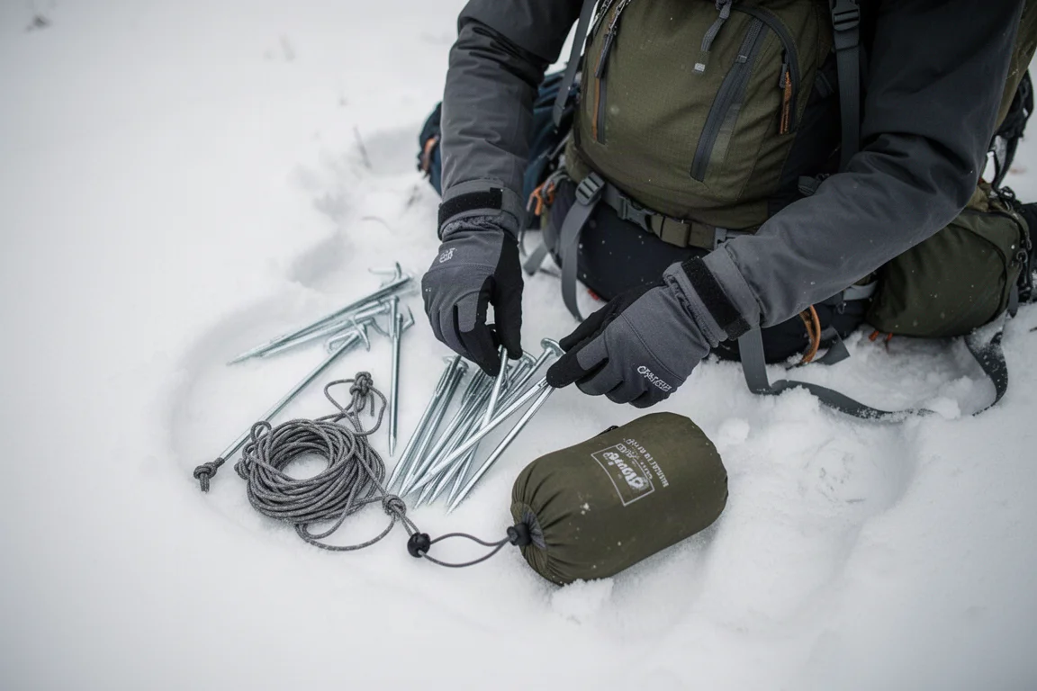 Vintercampare sorterar tältpinnar och stormlinor bredvid en packad ryggsäck