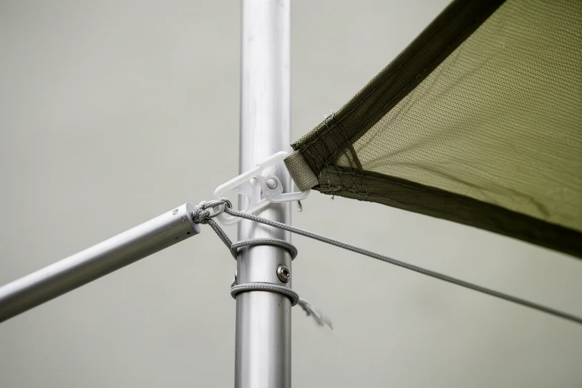 Nahaufnahme der Zeltkörper-Clips, die an einem Aluminium-Gestängesegment befestigt werden