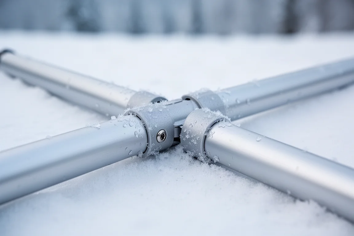 Frostbedeckte Aluminium-Zeltgestängeverbindungen im Schnee