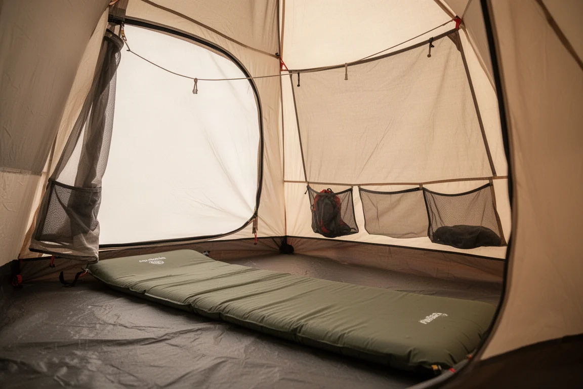 Innenraum eines Solo-Backpacking-Zelts mit Isomatte und offener Mesh-Tür