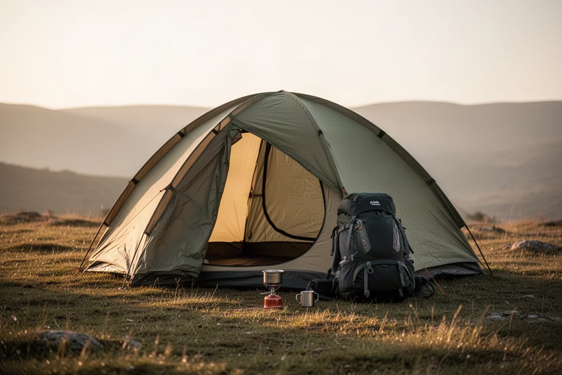 Solo-Backpacking-Zelt auf einem Wildcampingplatz zur goldenen Stunde mit einem Wanderrucksack
