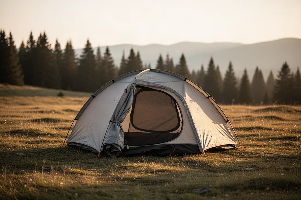 Small backpacking tent pitched on a grassy clearing at golden hour with the door open