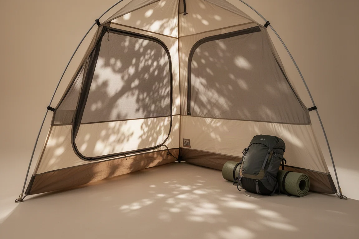 Camper sitting inside an open tent with a breeze moving through mesh panels