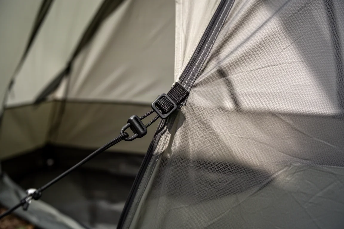 Tent toggles and straps on an inner tent wall photographed in daylight