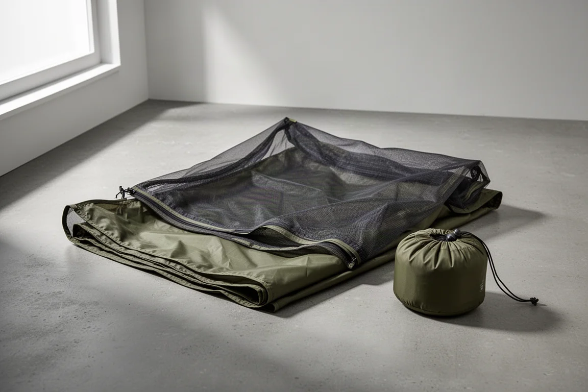 コンクリートの上に置かれた、バスタブフロアとスタッフサック付きのオリーブ色メッシュテントインナー