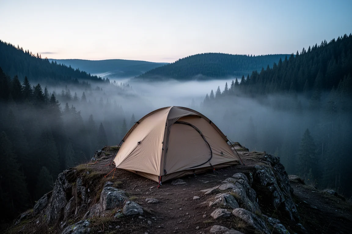 Small dome tent pitched on a rocky ridge at dusk with misty mountains behind