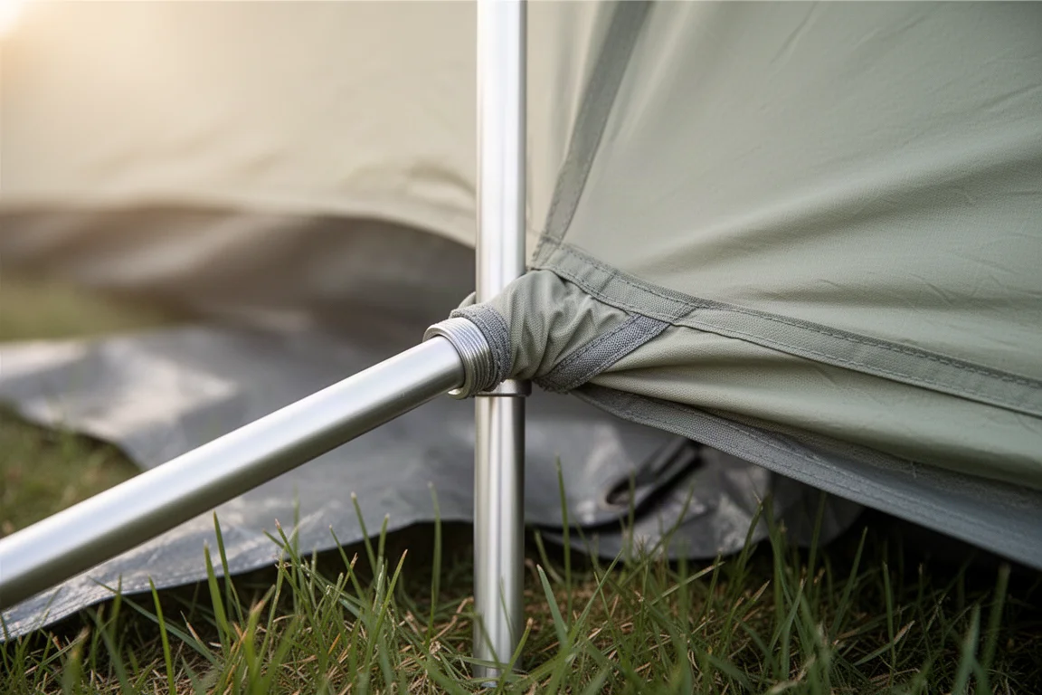 Close-up of an aluminum pole seated in a reinforced tent pole sleeve beside a metal zipper pull
