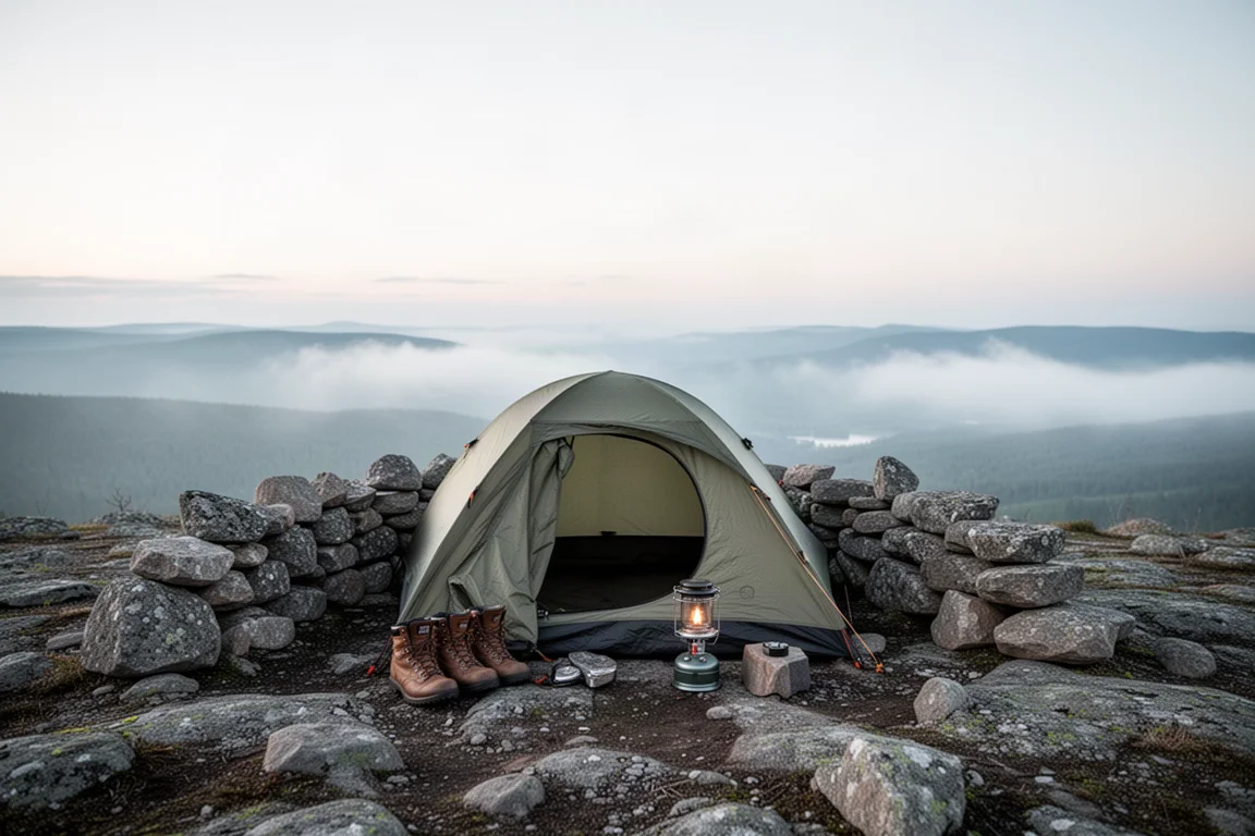 Niedriges Kuppelzelt auf einem felsigen Plateau im ersten Licht mit Nebel im Tal