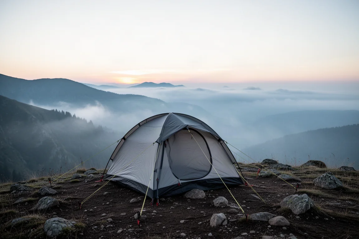 Backpacker solitario che monta una tenda autoportante dal profilo basso su una brughiera aperta al crepuscolo