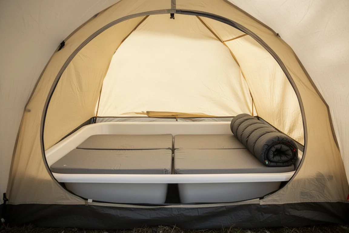 Pioggia che forma gocce sul sovratelo teso di una tenda four-season con vento forte