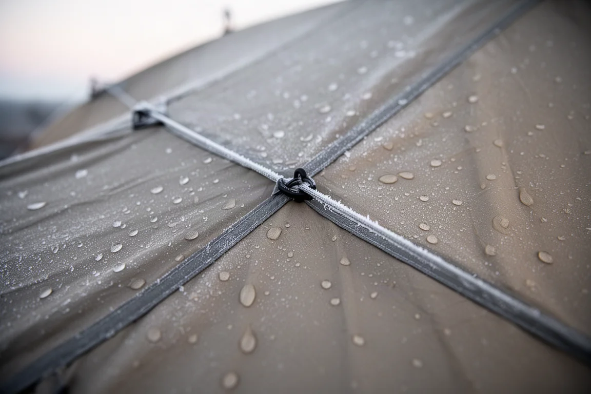 Due pali in alluminio neri incrociati sulla sommità di una piccola tenda a cupola