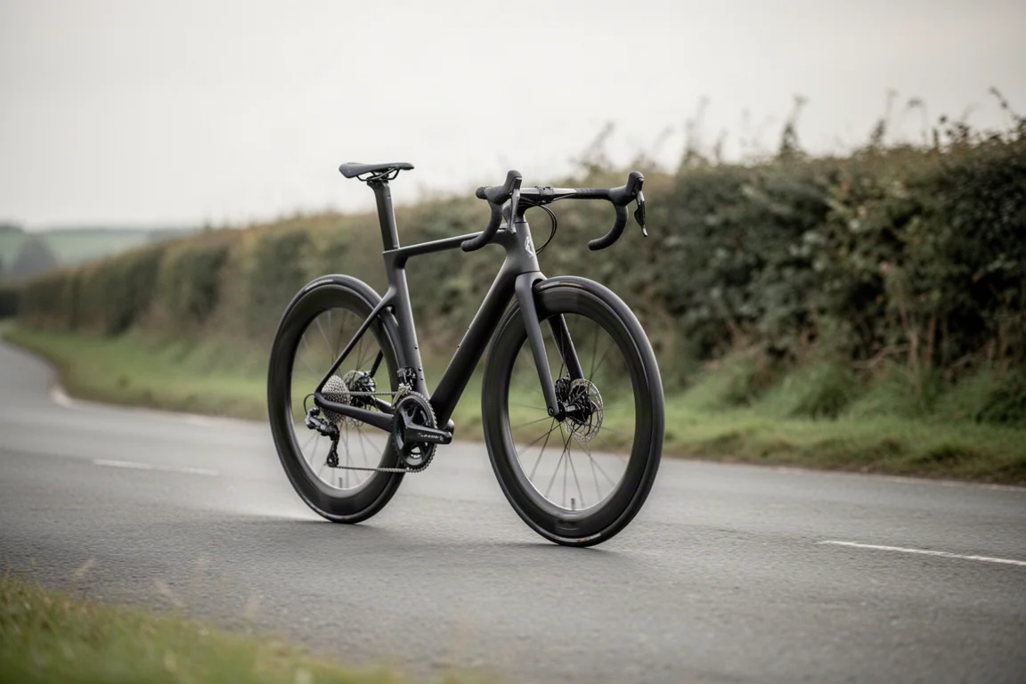 Racefiets met diepe carbonwielen in een bocht op een open landweg