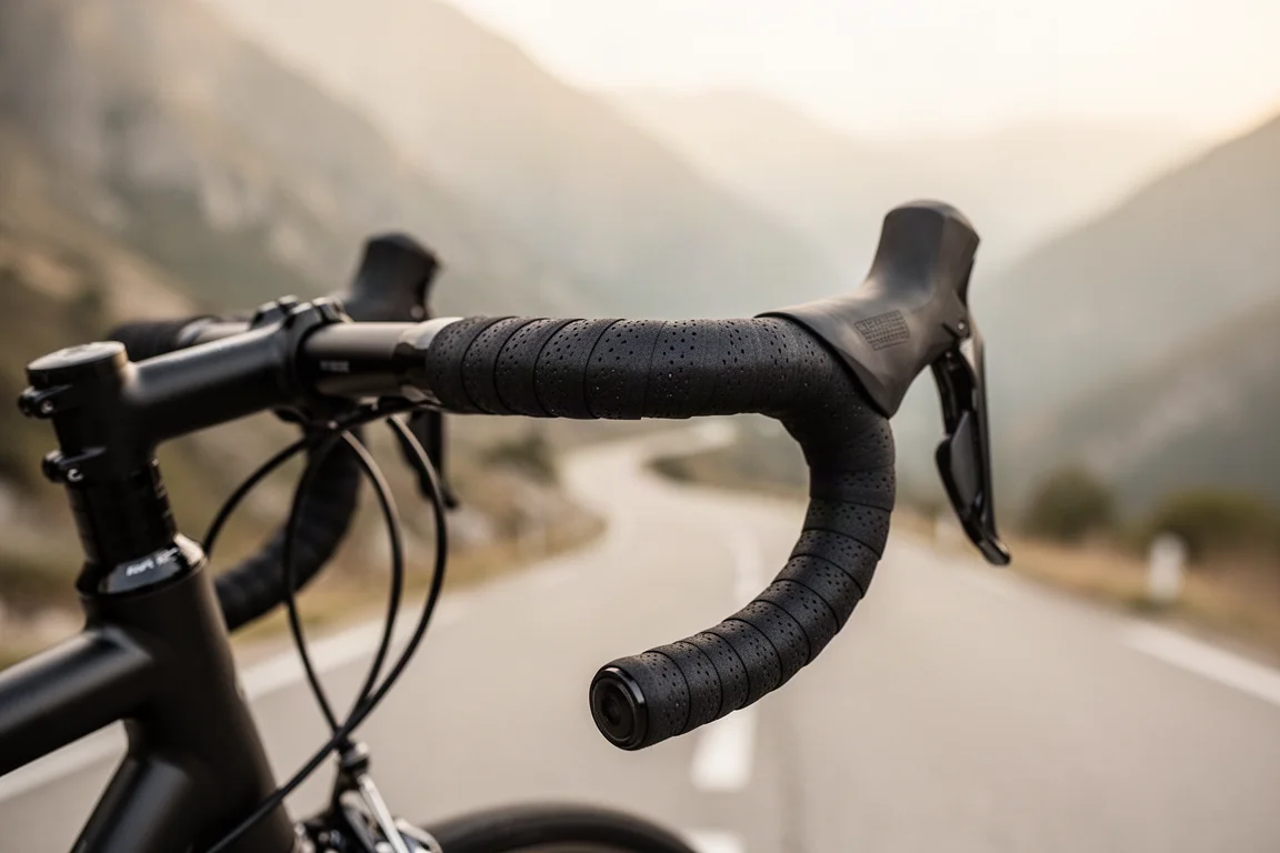 Close-up van ronde bovenkant van stuur met zwart stuurlint op een racefiets