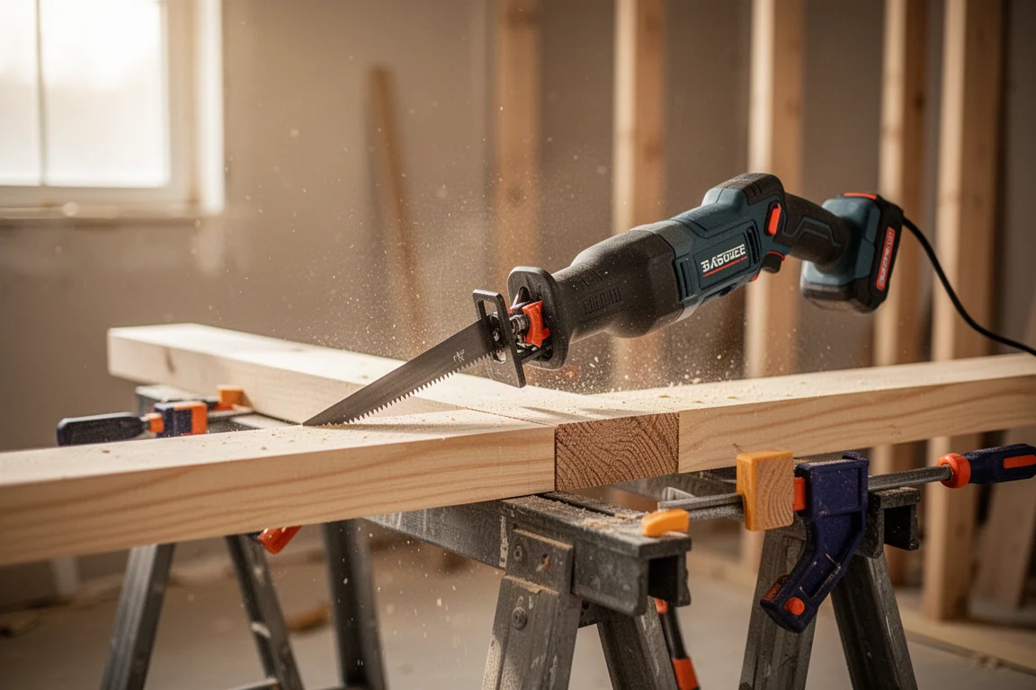 Reciprocating saw cutting through lumber on a remodel site with sawdust in the air