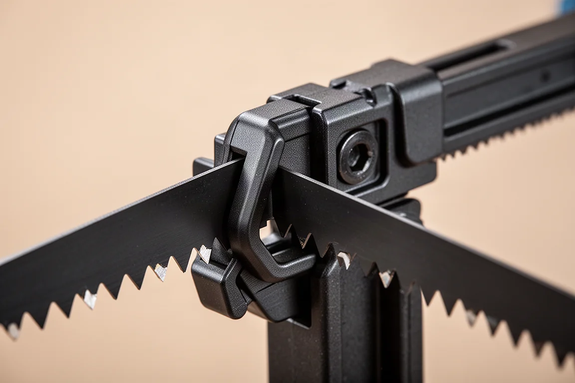 Close-up of a reciprocating saw blade locked into a side clamping mechanism