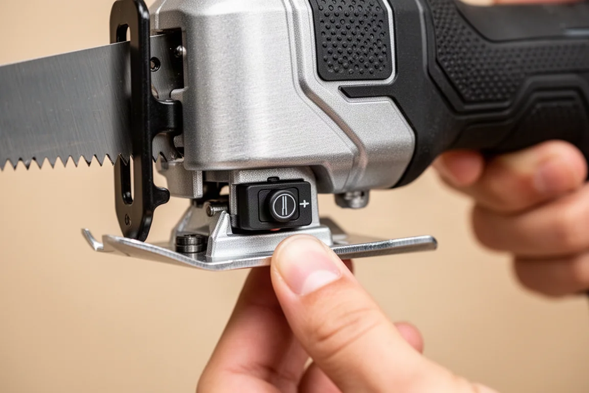 Reciprocating saw shoe adjusted low with a thumb pressing a small release button underneath
