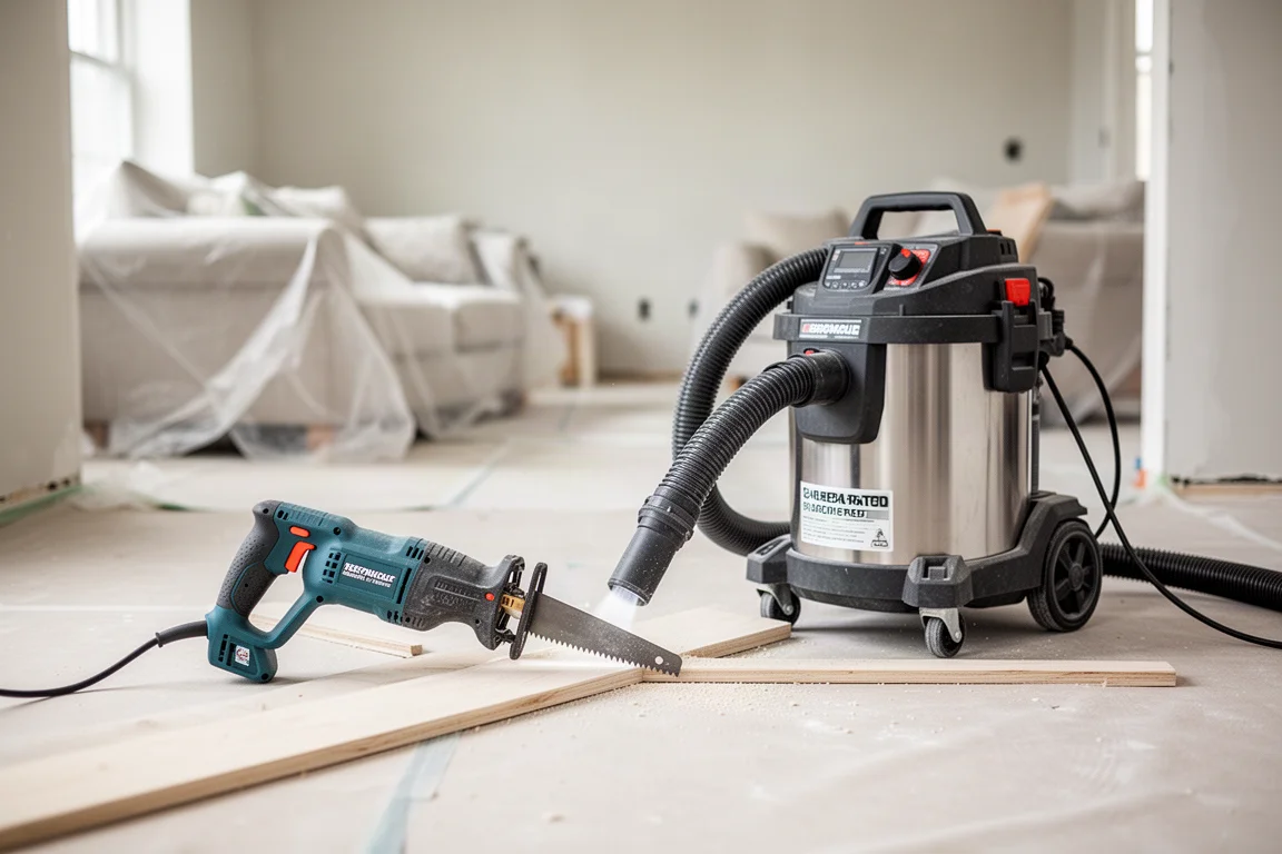 Dust extraction system positioned near a reciprocating saw cutting on a jobsite