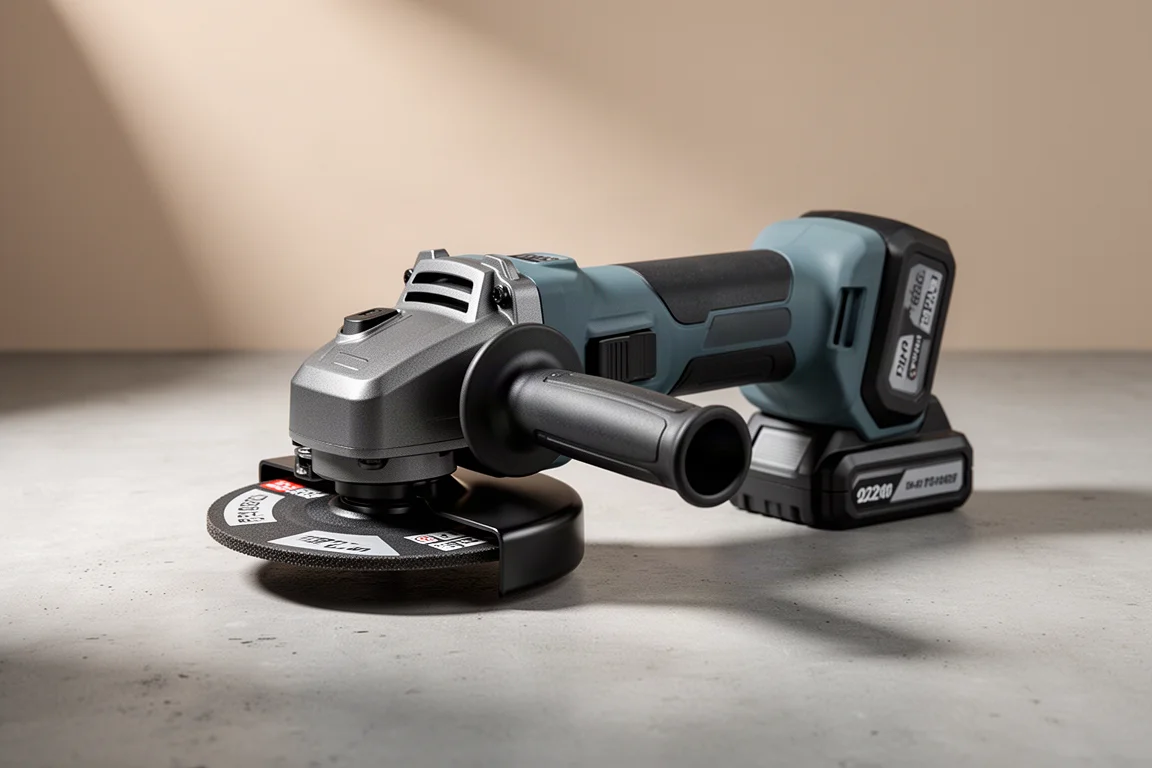 Compact cordless six-inch angle grinder with battery pack on concrete surface