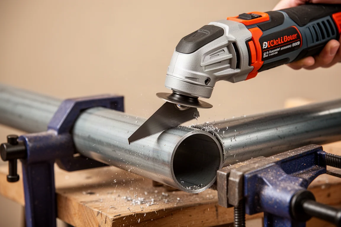 Multi-tool blade cutting through a metal pipe with sparks-free precision on a workbench