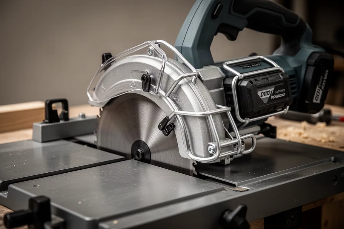 Band saw blade guard and metal motor housing detail on a workshop bench